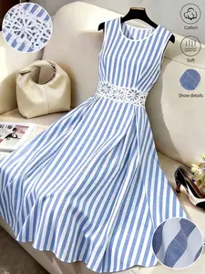 GlowEve Women's Cotton Linen Blue & White Striped Waist Patchwork Hollow Lace Trim Waist A-Line Midi Dress, Charming Elegant Daily Commute Vacation Fashion Date French Street Retro Versatile Spring Summer Blue & White New Style Sleeveless Shirt Dress