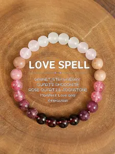 Love Spell Beaded Bracelet, Natural Stone Beaded Bracelet, Pretty Bracelet, Rose Quartz, Moonstone Crystals, Strawberry Quartz for Women & Girls, Fashion Accessories for Party, Daily Decor
