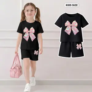 Girls’ Fluorescent Bow Printed Design Short Sleeve T-Shirt And Shorts Set, Casual Kids Summer Outfit, Comfortable Crew Neck Clothing Set For Daily Wear And Outdoor Play