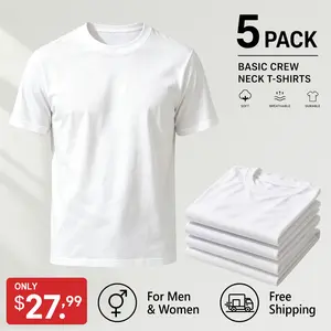 Men's 5-Pack Short-Sleeve Round-Neck Plain Cotton T-Shirts, 100% Heavyweight Unisex Tops, Breathable Soft Basic Casual Loungewear for Daily & Home Wear