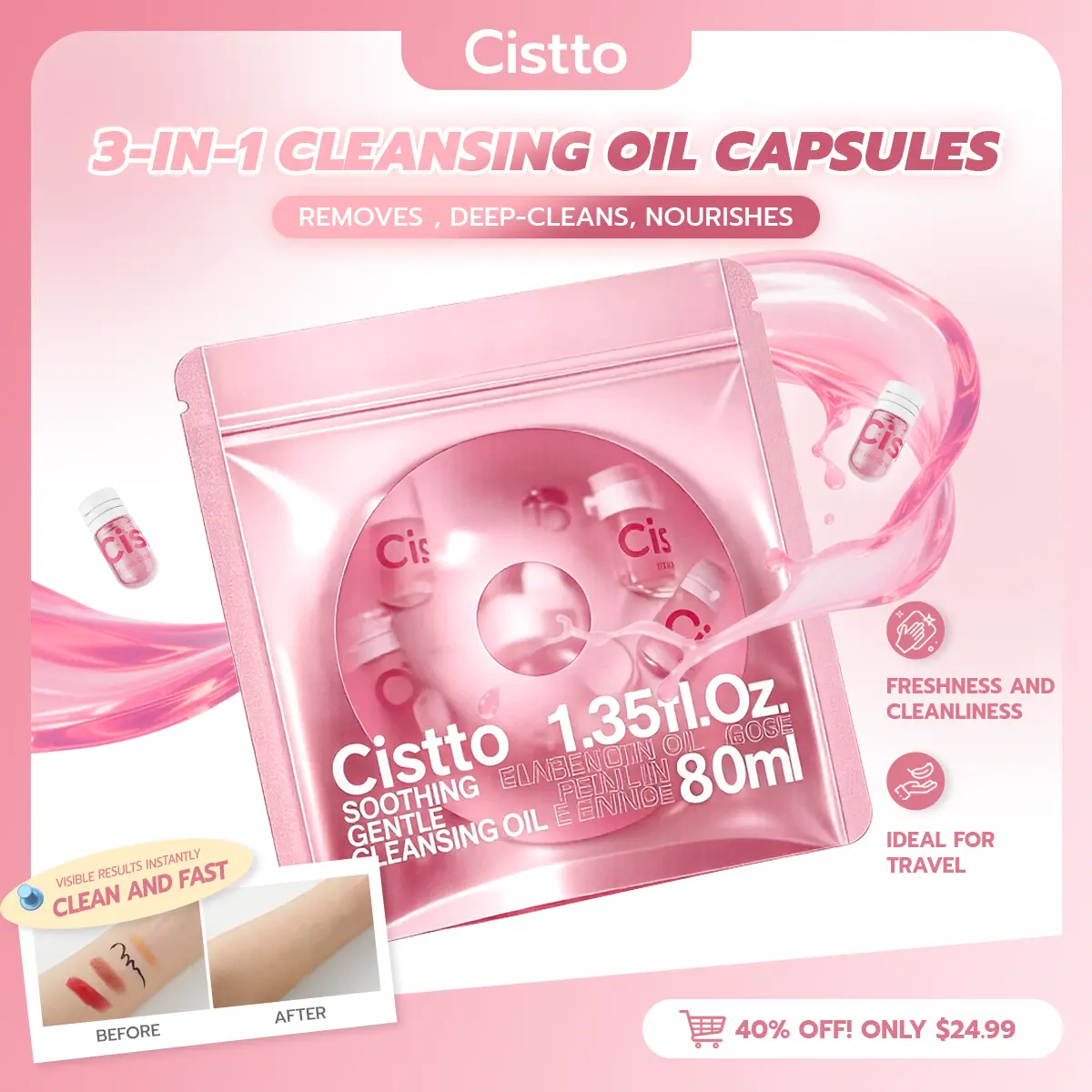 Cistto 3-IN-1 Cleansing Oil Capsules | 10-Botanical Makeup Remover | Deep Pore Cleansing | Single-Dose Travel-Friendly | Safe for Sensitive Skin | Non-Comedogenic | Double Cleansing Complimentary Sustainable Accessory / Travel Essentials