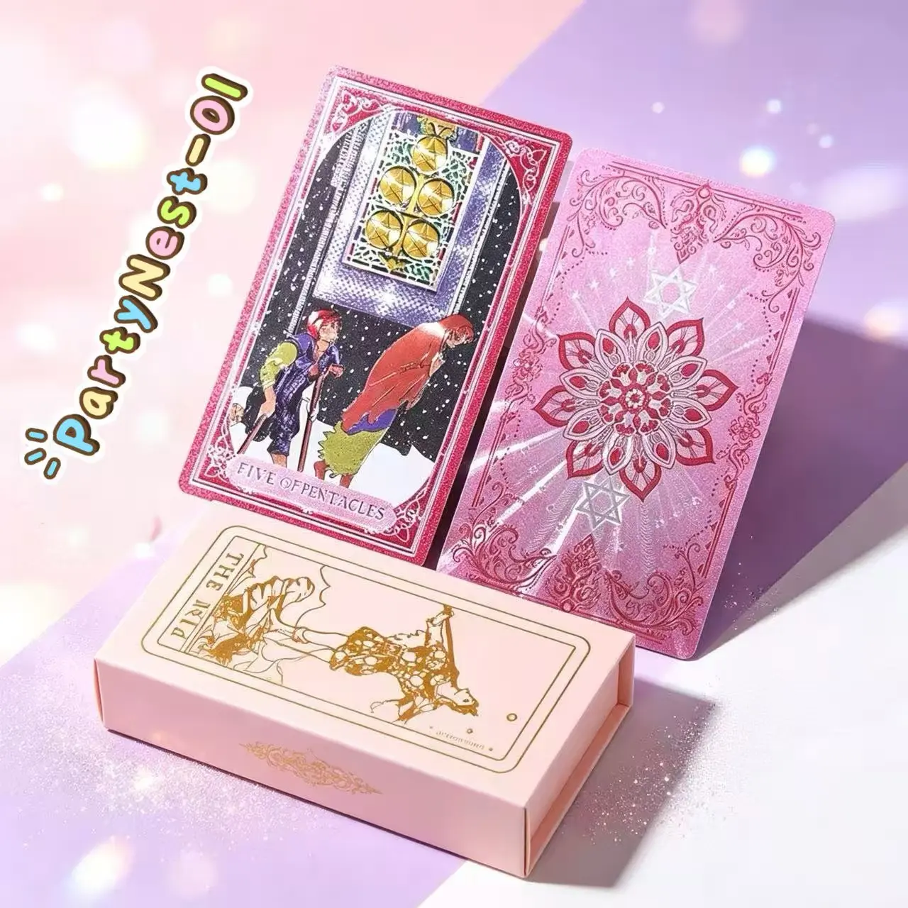 Pink Tarot Card Deck - 78-Piece Portable Mystical Tarot Set, Party Gift for Adults, Festive Supplies for Girls’ Night, Pentacles Divination Game