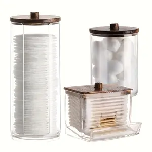 Clear Storage Box with Wooden Lid, 3 Counts Cotton Balls Cotton Swabs Storage Container, Household Storage Box for Home Dormitory Bathroom Hotel, Bathroom Counter Organizer
