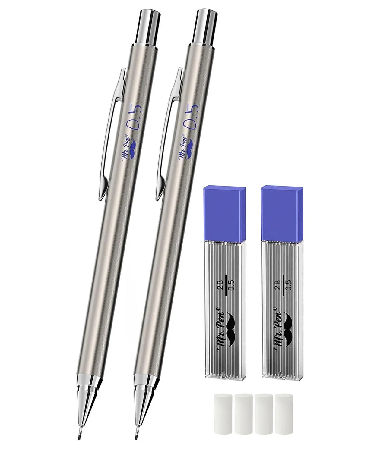 Mr. Pen- Metal Mechanical Pencil Set with Lead Refills & Erasers, 2 Pack | 0.7mm, 4x Tubes HB Lead Refill, 4x Eraser Refills for School Supplies, Note Taking, Drawing, Sketching, Office