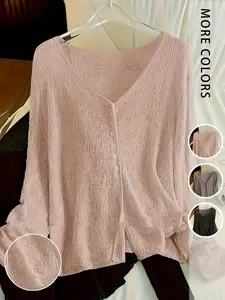 Loose Long Sleeve Sun Protection Cardigan, Lightweight Breathable Summer Casual Fitted Vneck Top, Layered Look for Lazy Style, Womenswear Knitwear