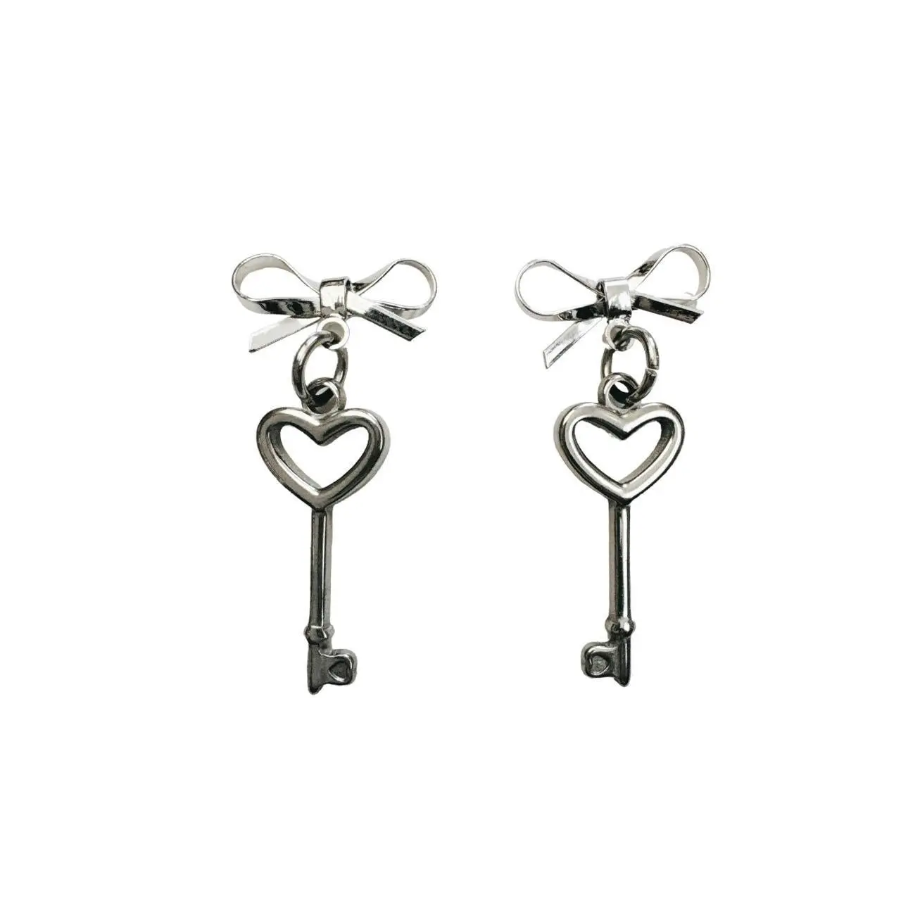 silver bow & heart key earrings silver bow & heart key earrings