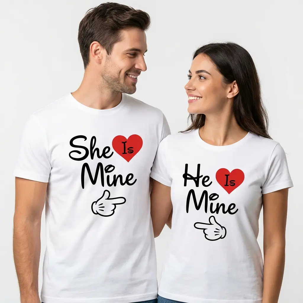 [Couple Style] Matching Couple T-shirts - "He's mine, she's mine" Valentine's Day gift, comfortable and loose T-shirts, unisex casual spring/autumn sportswear, black with red heart pattern, Valentine's Day shirt.