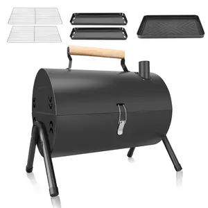 Black Portable Tabletop Charcoal Grill & Smoker - Small Outdoor BBQ with 2 Carbon Troughs, 2 Baking Nets, 1 Baking Pan - Sports & Outdoor Essential for Picnic, Backyard, Beach