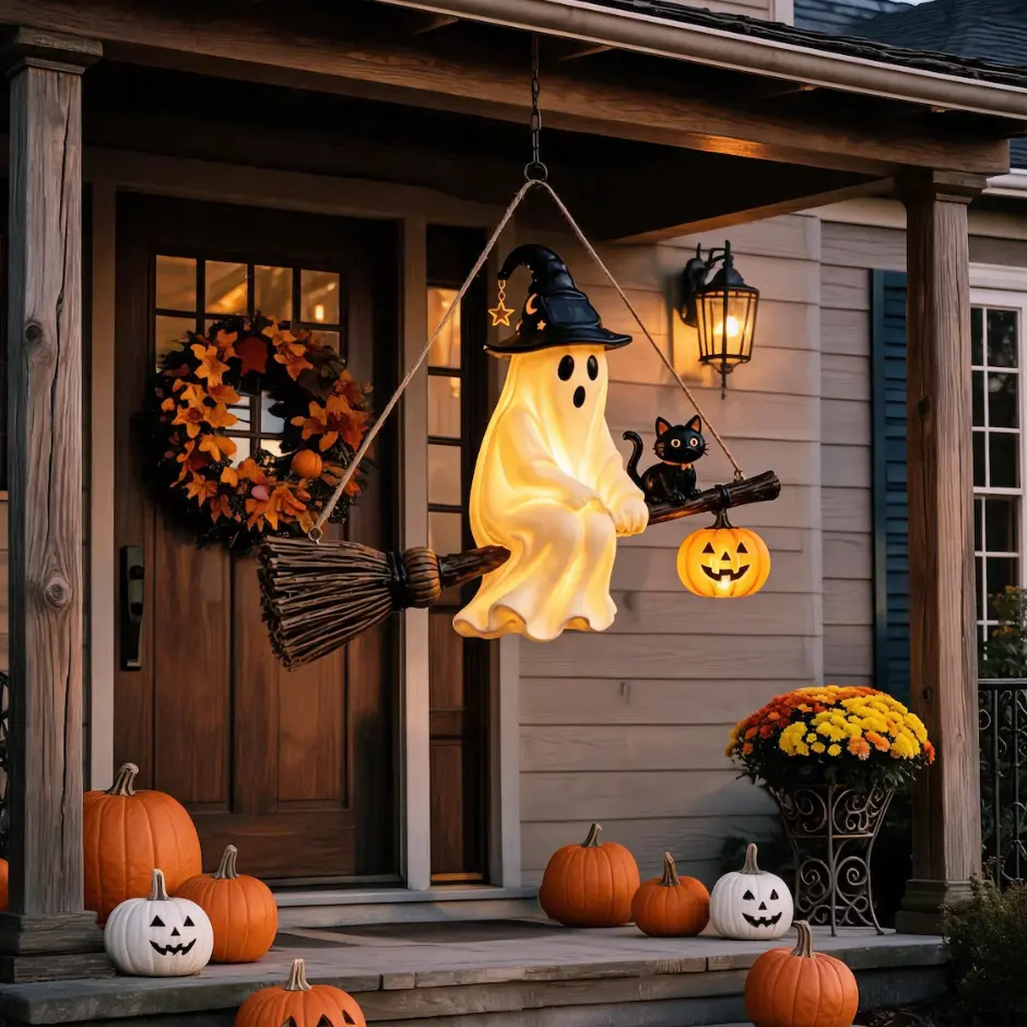 Halloween Glowing Cute Ghost Riding Broom Hanging Decoration with Black Cat and Jack-o'-Lantern, LED Spooky Halloween Porch Decor Porch Tree Indoor Outdoor Holiday Decor Party Prop