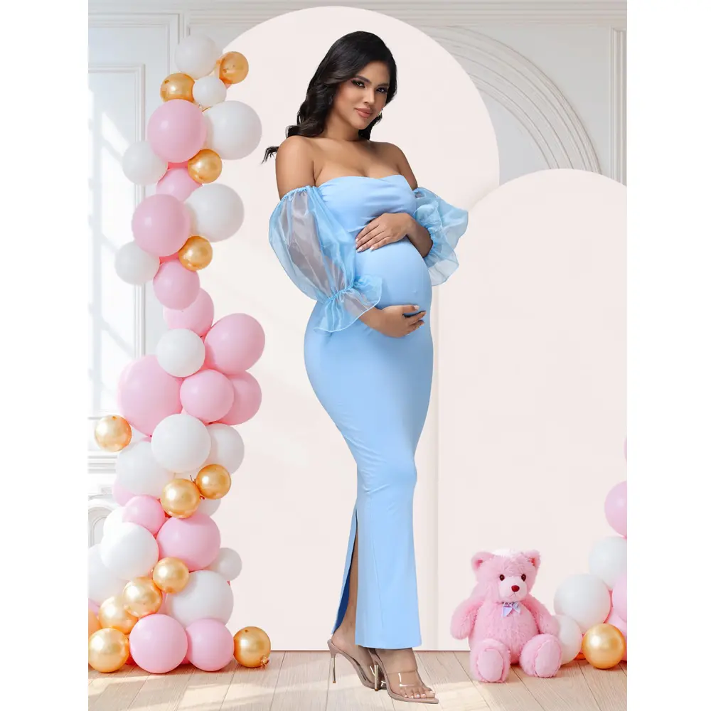 Women's Maternity Elegant Off-Shoulder Puff-Sleeve Slim-Fit Gown, Pregnancy Clothes, Maternity Apparel for Baby Shower, Maternity Outfits