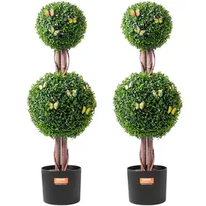 VEVOR Artificial Boxwood Topiary Tree, 36 inch Tall (2 Pieces), Double Ball Faux Topiary Trees, Faux Plant w/ Extra Leaves & Pot & Small Decoration, UV Rated Set for Home Decor Indoor/Outdoor