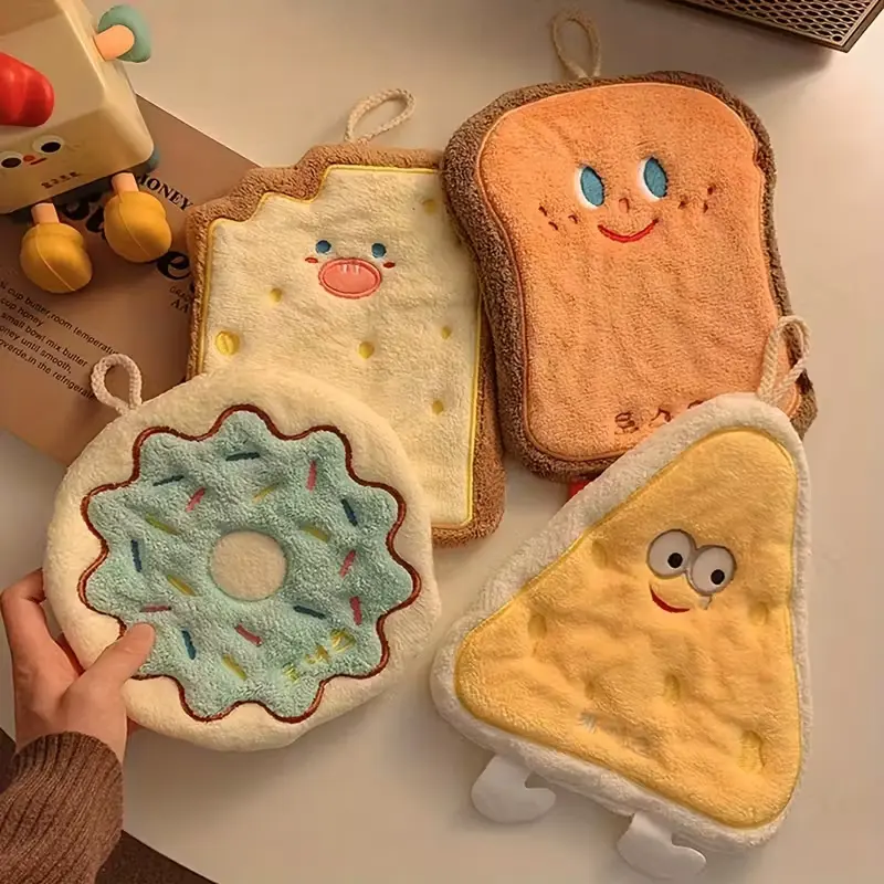 4pcs Cute Cartoon Hand Towels , Soft Coral Fleece with Hanging Loops, Highly Absorbent and Quick Dry, Cheese Toast Cracker Donuts Theme Decor for Kitchen and Bathroom