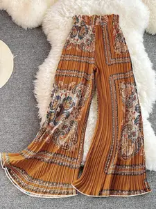 Women's Vintage Bohemian Nut Flower Print Pants, High Waist Elastic Ruffle Wide Leggings, Beach/lunch/summer Casual Wear