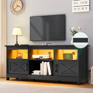 Farmhouse TV Stand for TVs Up to 65 Inch, Modern Entertainment Centre with Power Outlet, TV Shelf with Storage Cabinet, Television Stands for Living Room, Media Console, 59"