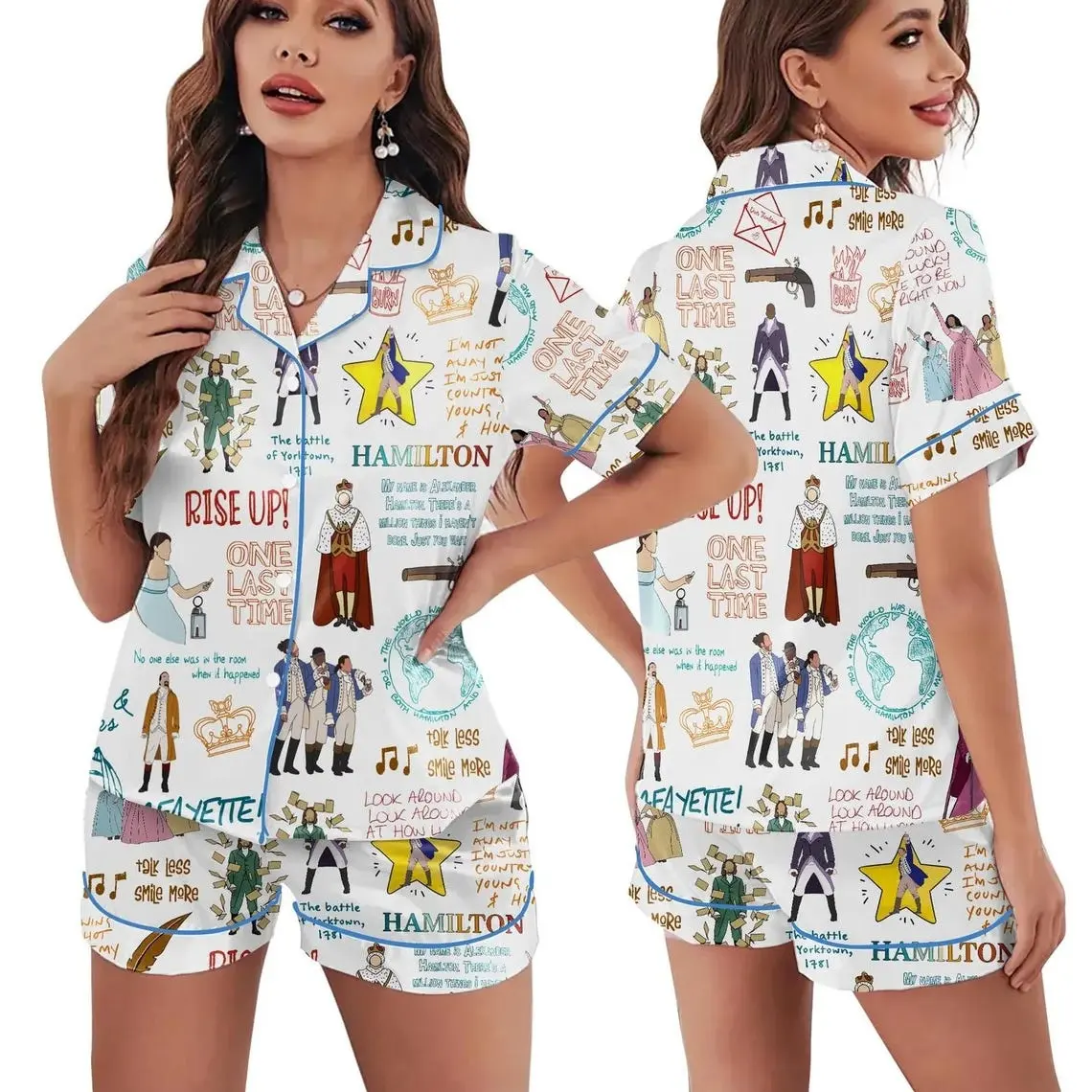 Hamilt0nn Style White Pajamas Set Cartoon, Funny Pattern Sleepwear Gift, Comfortable Loungewear Hamilt Set, Cute Loungewear Sleep Set Hamilt