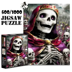 1pc 1000 piece adult puzzle 70x50cm Skeleton King with Purple Cloak and Crown Surrounded by Skulls 500 pieces of paper jigsaw puzzle, suitable for adults and families, large-scale DIY puzzle intera