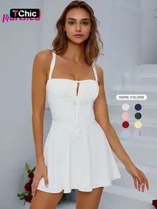 Women's Plain Lace Up Backless Boning Corset Cami Dress, Elegant Ruched Tie Front Sleeveless Short Dress for Party Dating Wear, Ladies Summer Clothes Fabric