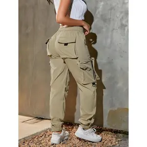 Women’s High-Waist Wide-Leg Cargo Pants – Casual fashion, soft polyester fiber, drawstring elastic waistband, multi-pocket design, comfortable for all seasons, overalls fabric