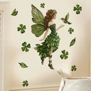 A green decorative wall sticker, Diy Stickers, Art Stickers, with butterflies and lucky grass for easy DIY wall decoration, Perfect for bedrooms, living rooms, Vinyl material with a removable self-adhesive paper for home decoration