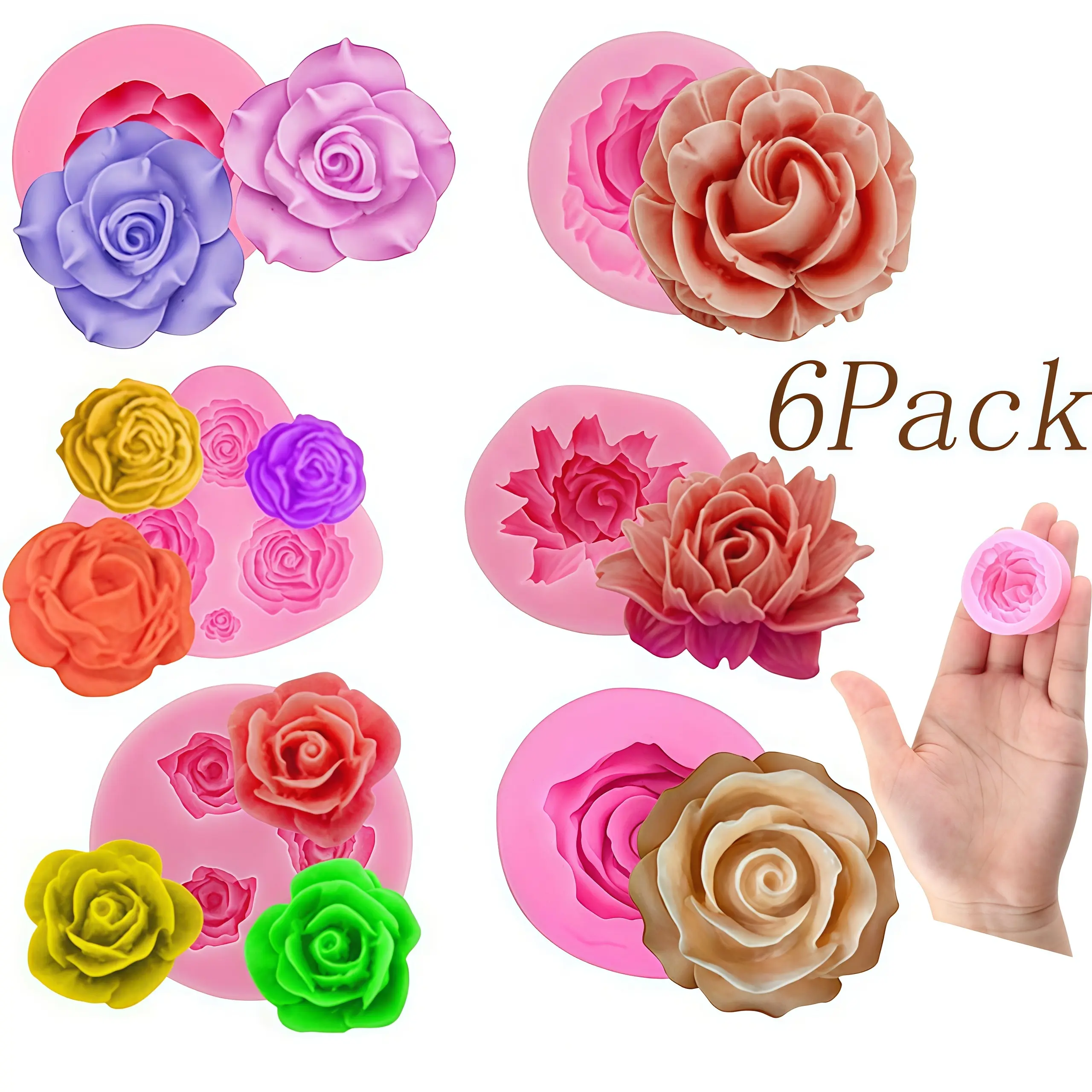 6-Pack Reusable Flexible 3D Flower Silicone Baking Molds - Kitchenware Baking Supplies, DIY Material for Cake Decoration, Chocolate, Candy Making Projects