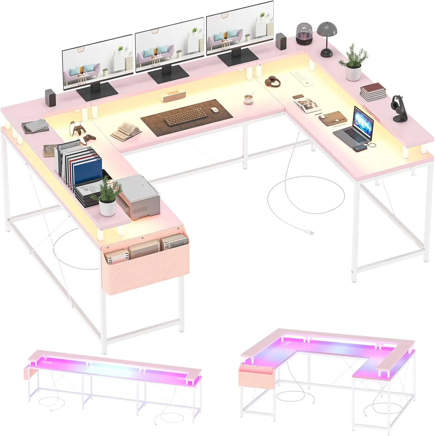 U Shaped Home Office Desk, Reversible L Shaped Gaming Computer Desk with Power Outlets,126 Inch Computer Desk with Monitor Stand and LED Lights,Storage Shelves,Storage Bag and Hooks（Pink）