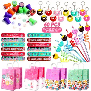 Donut Party Favors 60 Pcs - 12 Sets of Donut Paper Bags Keychain Straw Wristband Stickers for Boys Girls Two Sweet One Birthday Party Supplies with Bonus Digital Printable Themed Goodies Sensory Gift Blue