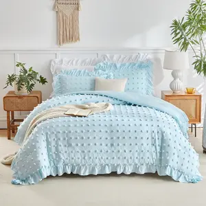 Tufted Dots Ruffle Comforter Set Full/Queen Size, 3 Pieces Blue Vintage Farmhouse Comforters, Boho Bohemian Bedding Set for All Season (1 Ruffled Comforter+ 2 Pillow Shams)