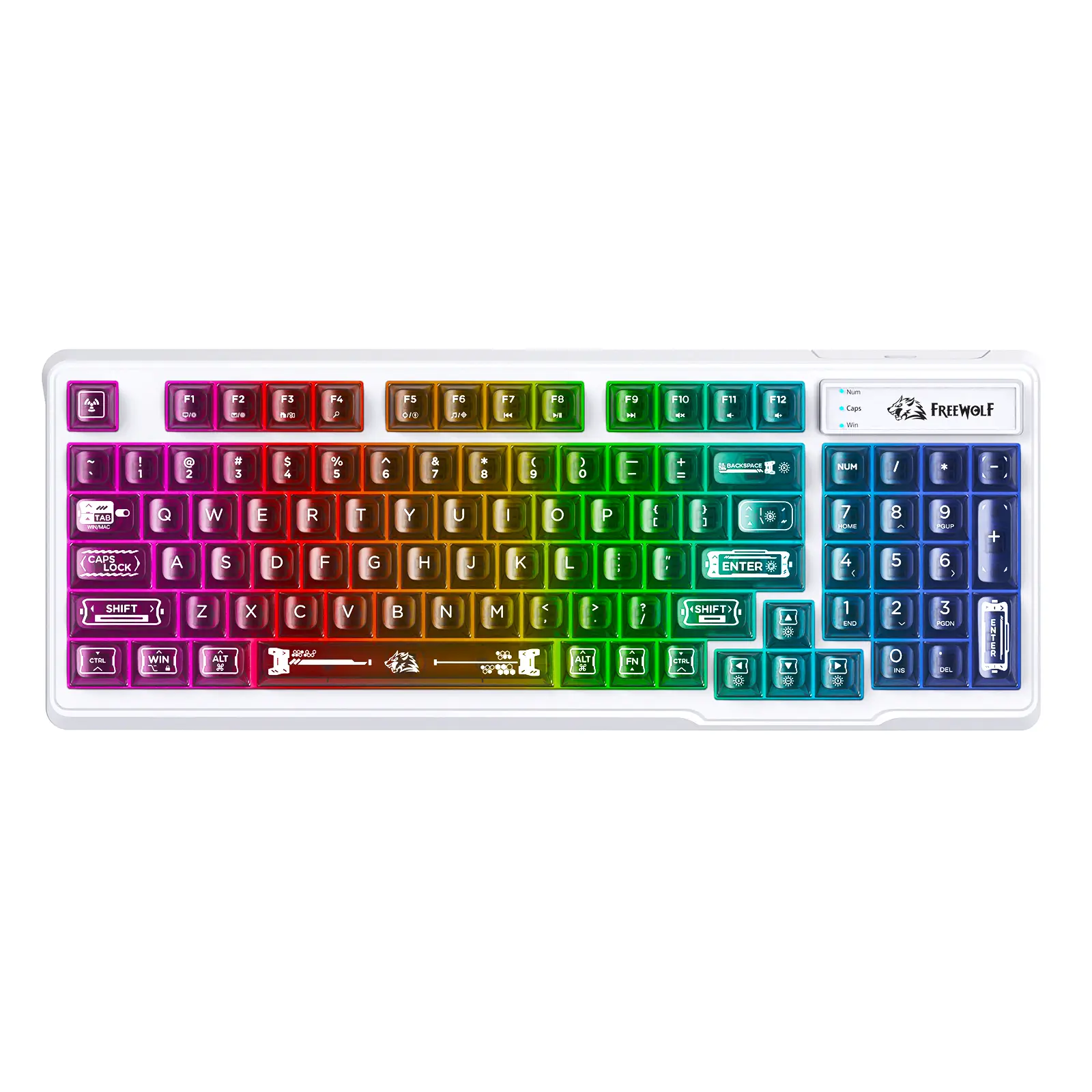 FREEWOLF M95 Wired Gaming Keyboard, Rainbow LED Backlit, Transparent Membrane Keyboard, 94 Silent Keys, with Side Light bar, 26-Key Anti-ghosting,for Mac/Pc, Video Games, 94-Key Compact Layout
