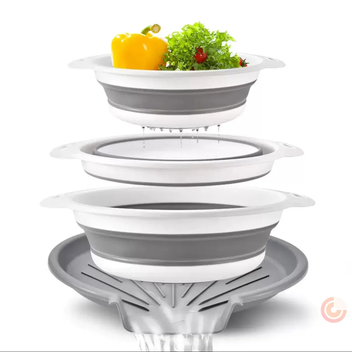 3-Pack Collapsible Colanders, BPA-Safe Kitchen Strainer Set with Grooved Over-Sink Self-Drains Base, 3/4/5 QT Sizes for Dinner Prep