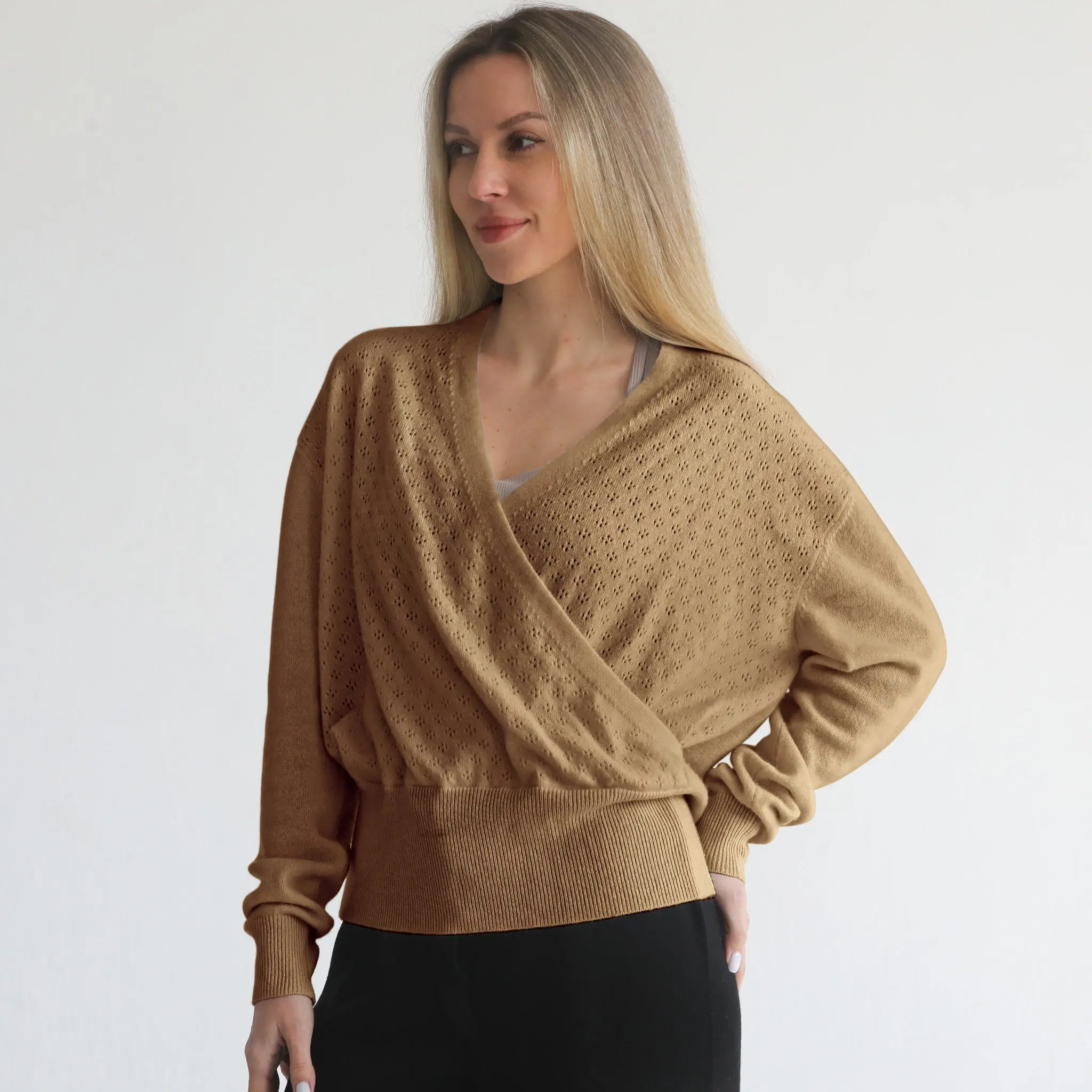 100% Cashmere Wrap Sweater - Bloom (Camel)