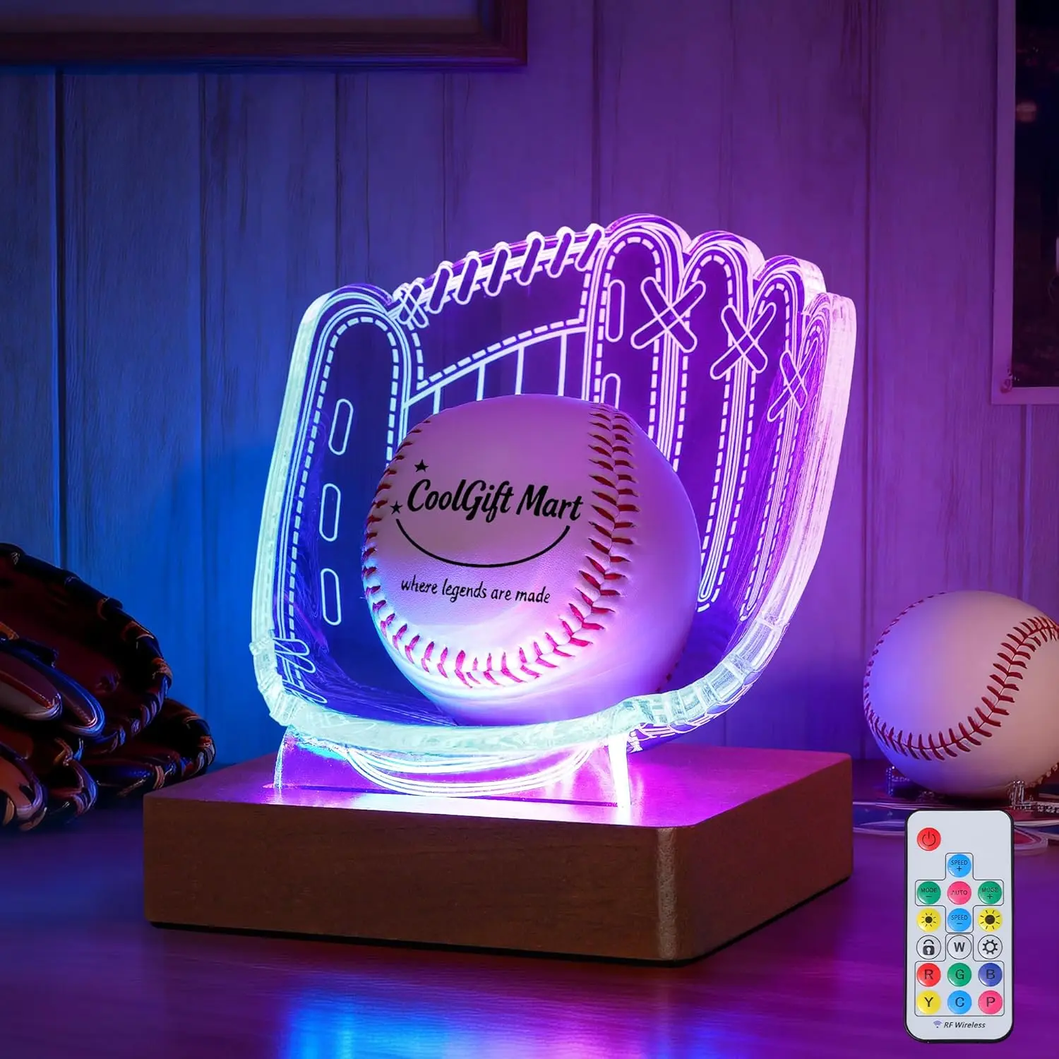 Baseball Glove Display Stand with LED Light, Acrylic & Wooden Display Holder, USB Powered Sports Room Decor, Birthday & Christmas Gift for Baseball Players