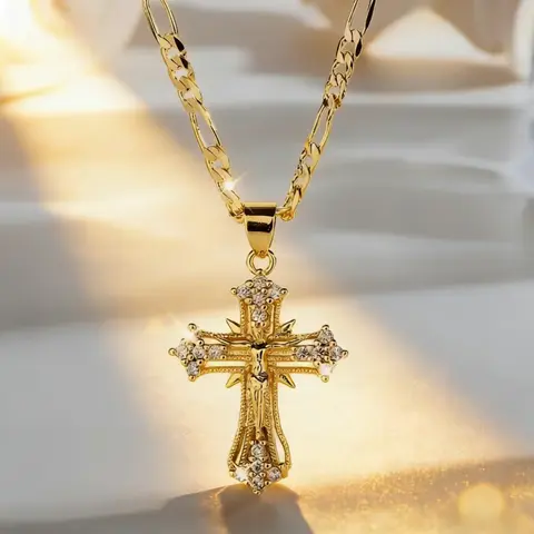 Women's 14K Gold-Plated Jesus Cross Design Necklace - Elegant Religious Jewelry, Sparkle Trim Auspicious Costume Jewelry, Sohochic Crucifix Necklace for Graduation, Accessories for Adult Females