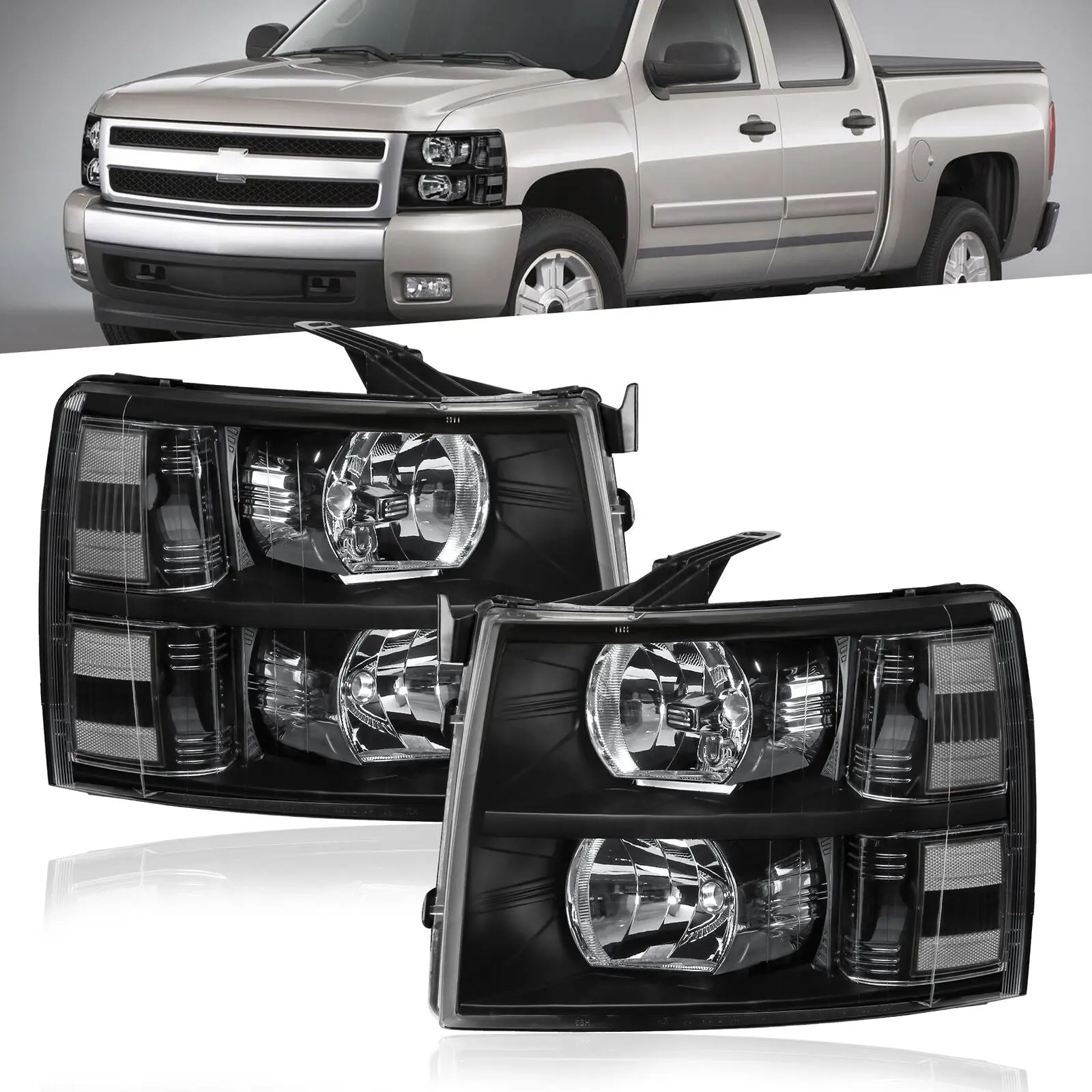 Truck Headlight Assembly For 2007-2013 Chevrolet Silverado 1500 2500HD 3500HD Front Lamp with Black Housing/Clear Lens/Clear Reflector