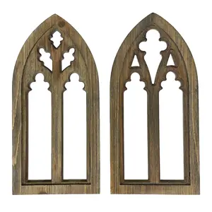 Set of 2 Washed Wood Gothic Arch Window Frame Wall Hangings - 15.75 Inch Sculptural Home Decor, Timeless Gothic Elegance