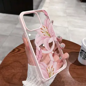 Pink Lilies Magnetic Phone Case for iPhone 17/16/15/14/13/12 Pro Fashionable Pattern Design Transparent Shockproof Classic Gift Ultra-Thin Protective Smartphone Cover Lotus