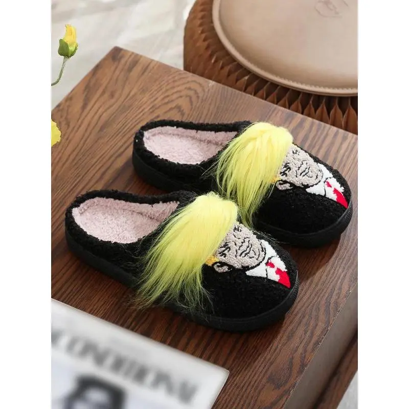 Unisex Cartoon Plush Home Slippers - Cozy Chunky Fluffy Cotton Faux Fur Slides, Non-Slip Steady EVA Sole, Warm Ankle Slip-On Casual Footwear for Fall Winter, Fun Cartoon Face, Size CN36-37, Men's Home Slippers
