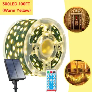 100FT Outdoor Solar String Lights – 300 LED Warm White Fairy Lights, IP65 Waterproof Decorative Lights with Remote Control & 8 Modes for Garden, Patio, Christmas Tree, Party & Wedding Decor