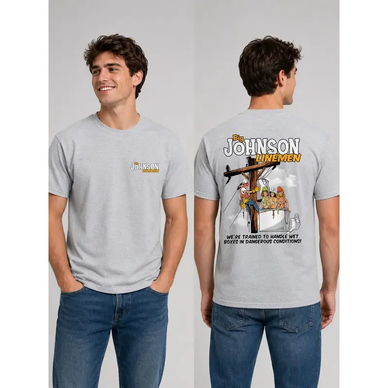 Men's Big Johnson Linemen Casual Short-Sleeve T-Shirt - "We’re Trained to Handle Wet Boxes" Funny Electrician Top, Menswear Garment for Utility Workers, 2-Sided Humorous Design, Shortsleeve
