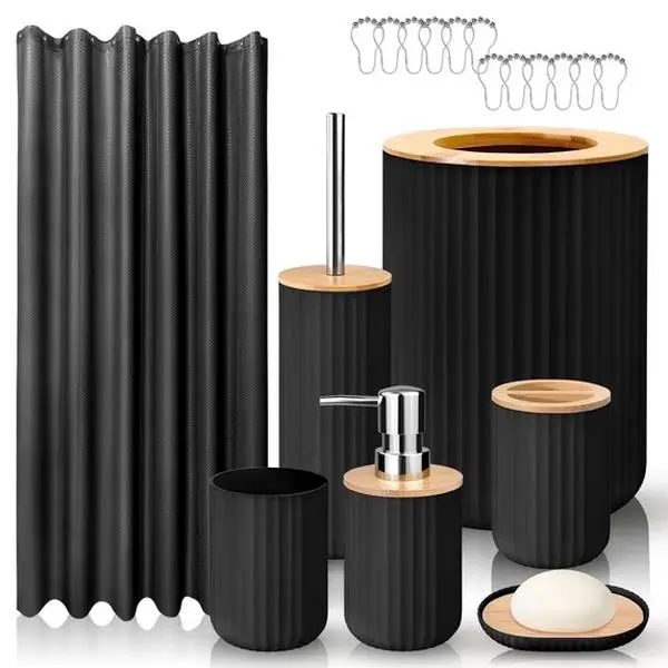 Livhil 19-Pc Black Eco-Friendly Bamboo-Plastic Bathroom Accessory Set - Smooth, Includes Shower Curtain, Brush, Toothbrush Holder, Soap Dispenser, Box, Industrial Space-Saving Kit for Small Space, Organize Bath, Ideal Gift