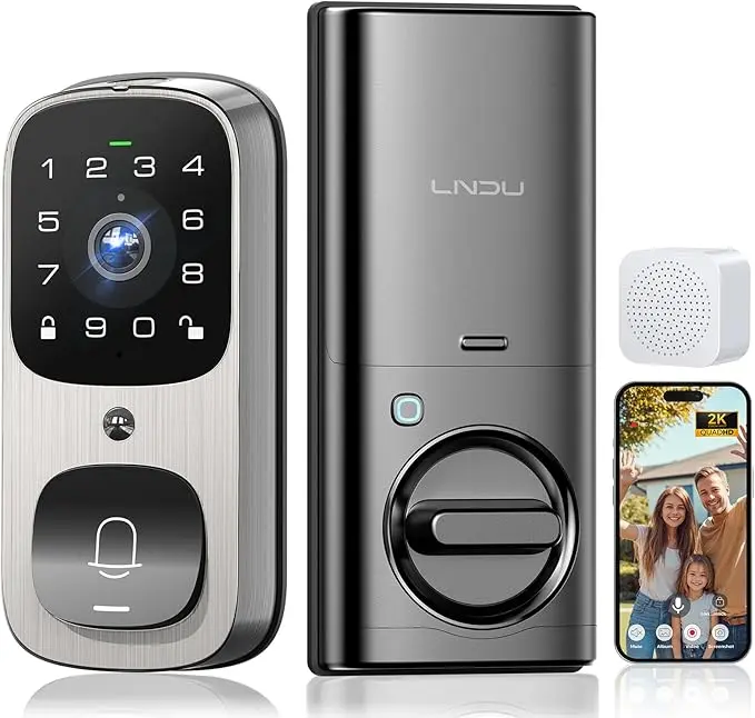 LNDU AL502 Smart Keyless Entry Door Lock,  Security Camera Door Bell Deadbolt, Built-in WiFi, Support APP Control, Fingerprint, Alexa, Motion Detection, Video Record, BHMA, IP65, with Battery, Chime
