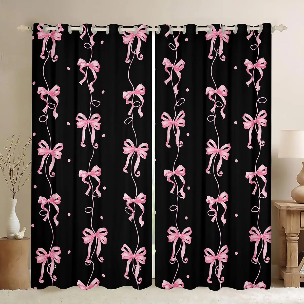 Cute Bowknot Curtains for Bedroom Living Room Coquette Bows Blackout Shades Pink Black Room Darkening Curtain Dreamy Bow Window Treatments,2 Panels Decor