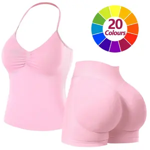 JGS1996 Two-piece Sports Sets for Women Solid Seamless Halter Tank Top with High Waist Shorts Set for Yoga Fitness Gym Workout Running Breathable & Comfortable Activewear Summer