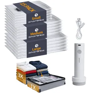 [HORTINEST] Vacuum Bags for Travel with Rechargeable Electric Pump, 15 Pack Carry-on Size Compression Packing Bags for Luggage and Suitcase, Space Saver for Clothes and Clothing Travel Rechargeable Wireless Pump Travel Storage Bags Set,  Seasonal Storage