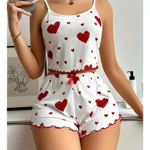 4Color Women's Pajamas Set Sleepwear Short Tank Tops And Shorts  Ventilate Soft Casual Love Printing