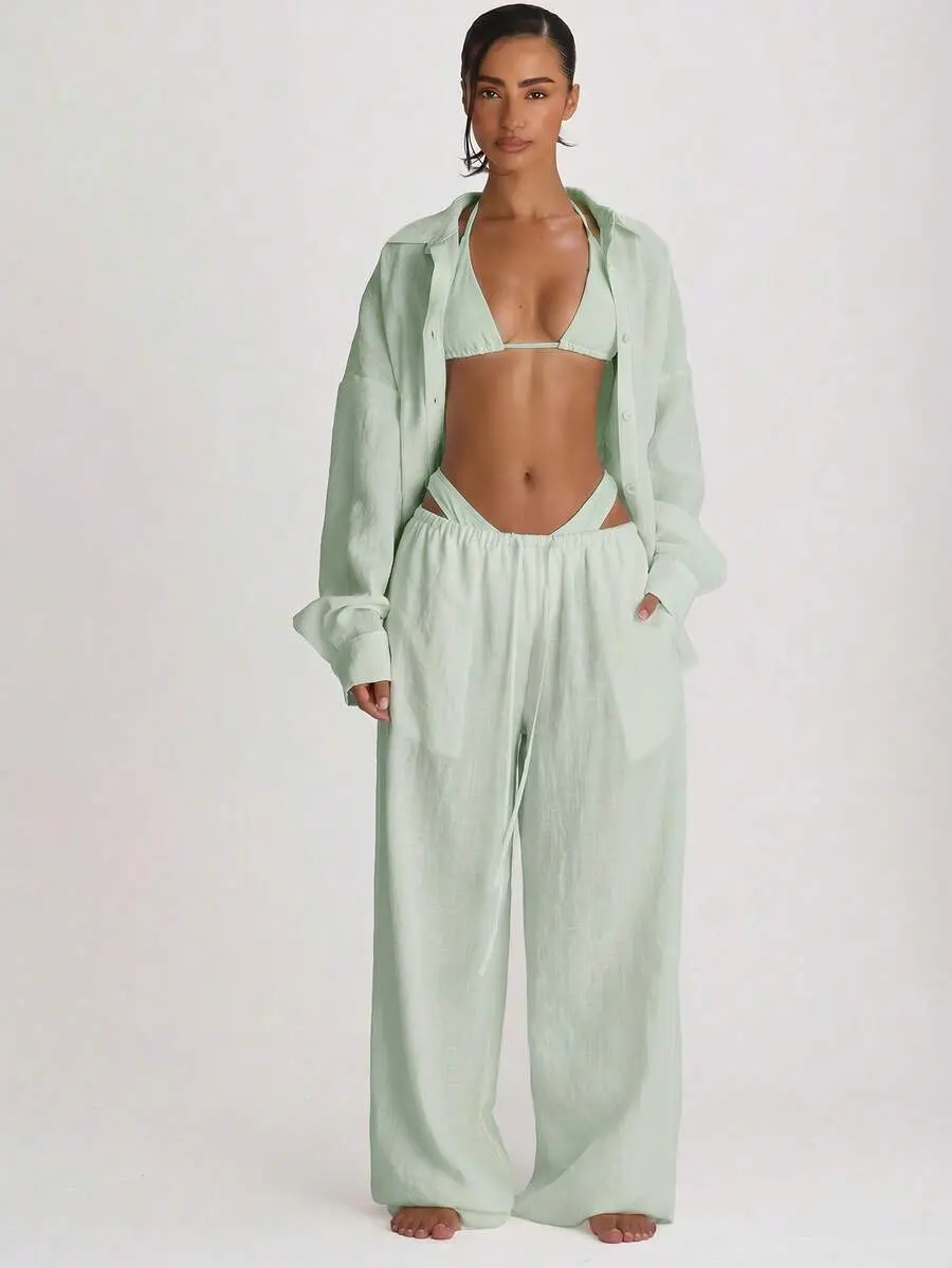 Women's Solid Colour Linen Drawstring Wide Leg Pants - Resort Core Cover Up, Viscose-Blend Fabric Bottoms for Summer Beach Vacation Hen Do Events, Fit