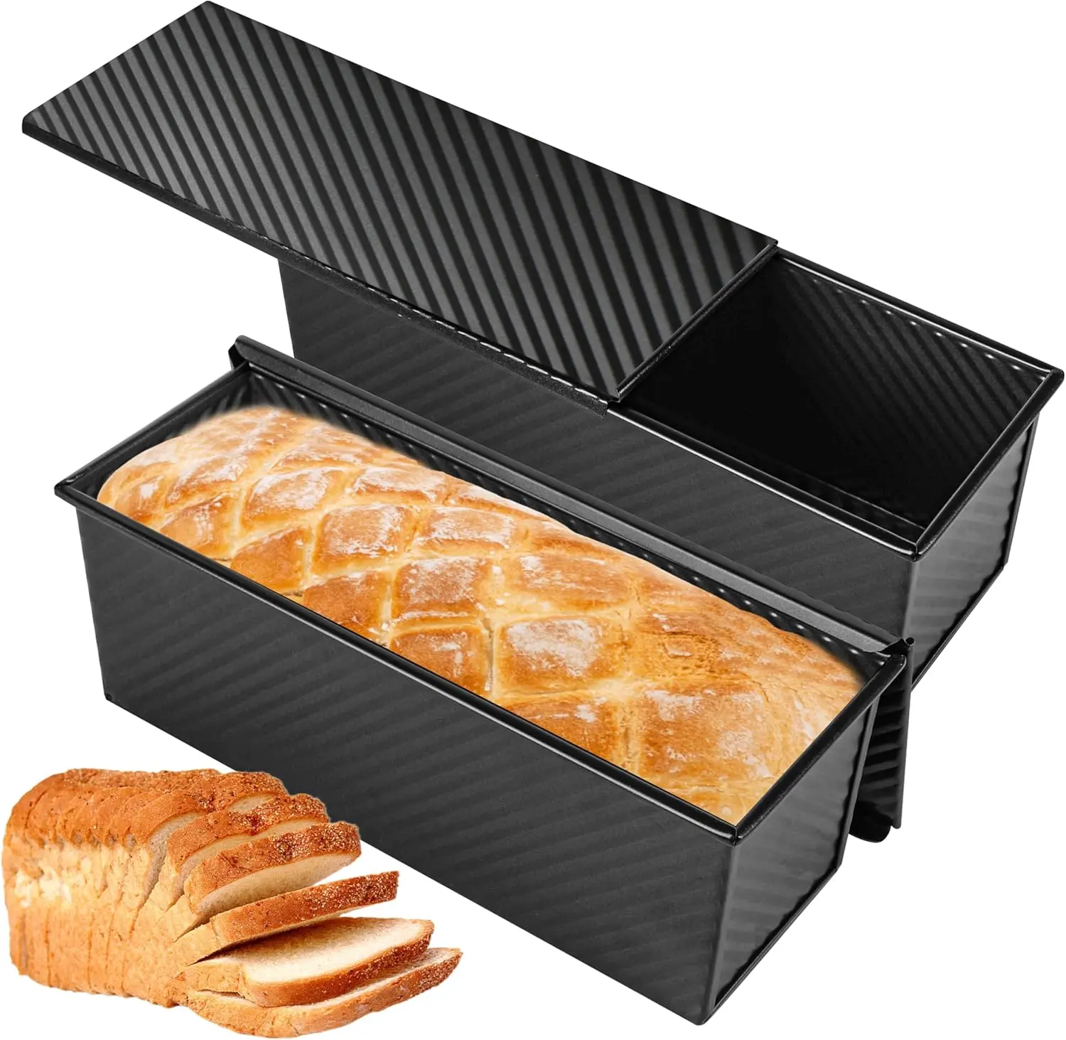 Spmarkt 2-Pack 13in Carbon Steel Baking Pan with Lid, PTFE & PFOA-Free Food Grade Non-Toxic Ceramic Coated Pullman Loaf Pan, Family-Sized Homemade Bread Bakeware