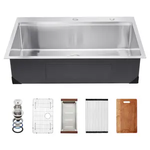 VEVOR 33 inch Kitchen Sink Workstation,  304 Stainless Steel Top Mount Sinks, Drop-In Single Bowl Farmhouse Basin with Ledge & Multiple Accessories, Household Dishwasher Sink for RV, Prep Kitchen, Bar