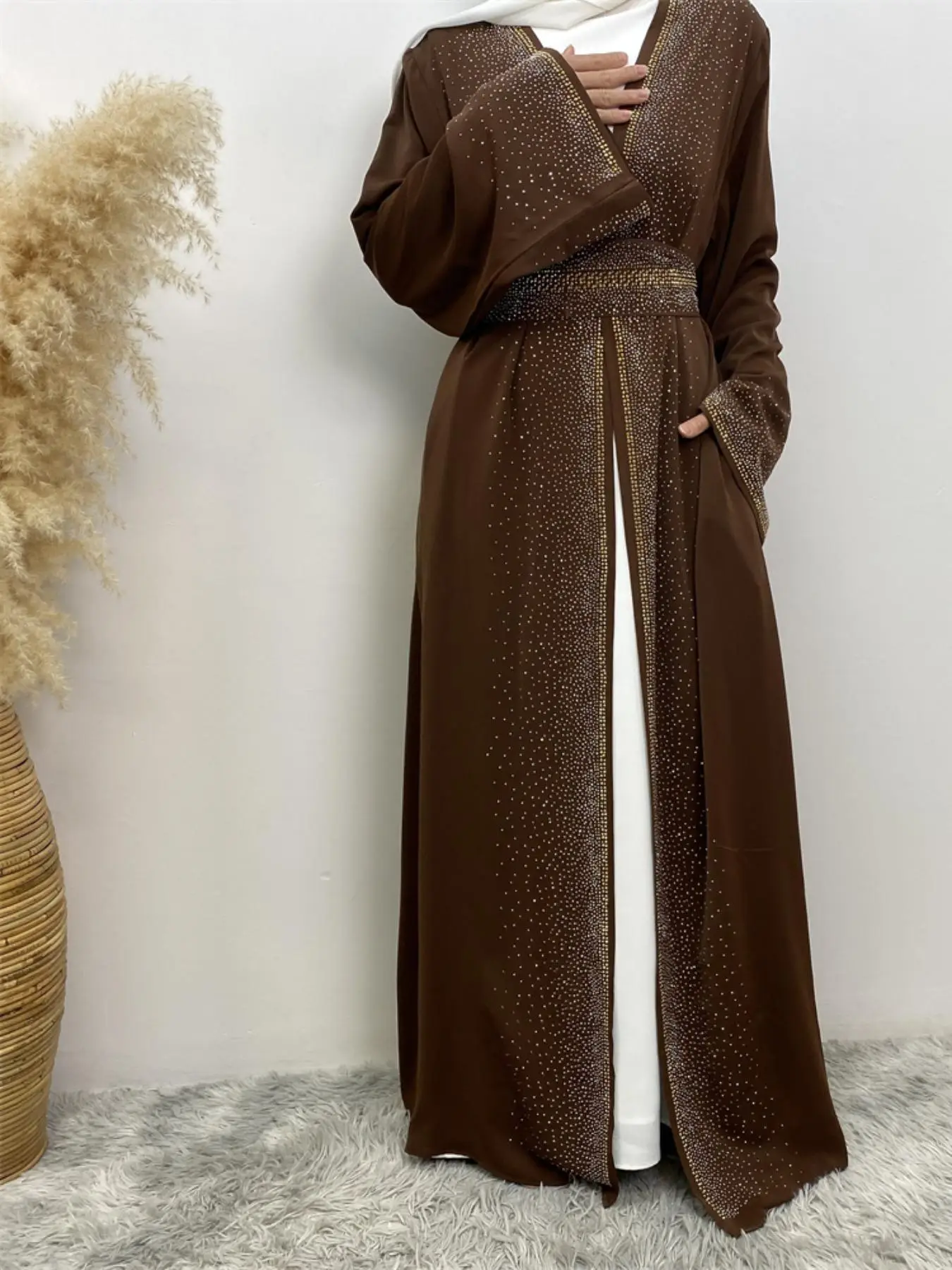 Women's Glitter Rhinestone Embellished Belted Abaya, Long Sleeve Open Front Abayas, Women's Islamic Clothing for Spring & Fall