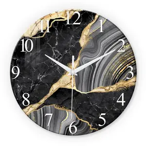 Crack Marble Pattern Gold Accents Tempered Steel Decorative Wall Clock, 12-14 Inch Trim, Silent Round Clock, Aa Battery Powered, Living Room Office Bedroom Home Decor
