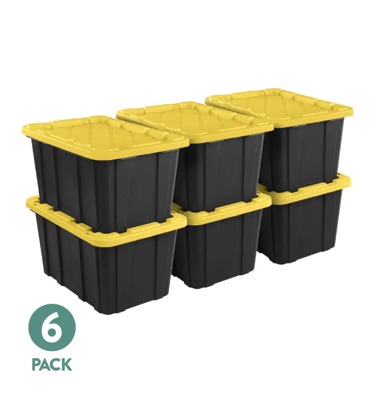 6-Pack 27 Gal Durable Plastic Storage Bins with Snap-On Lids, Black and Yellow Home Organizer Totes for Home Supplies